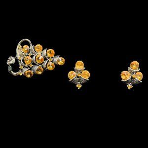 Gold Tone With Golden Glass Rhinestones Grapes Brooch & Clip On Earrings (5128)